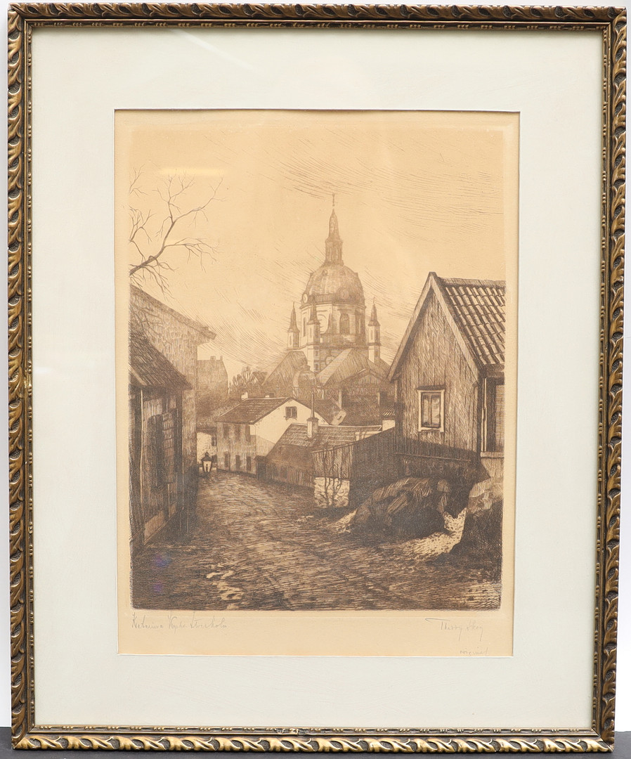 THEDDY SKOG. Motiv med kyrka, etsning, signerad.