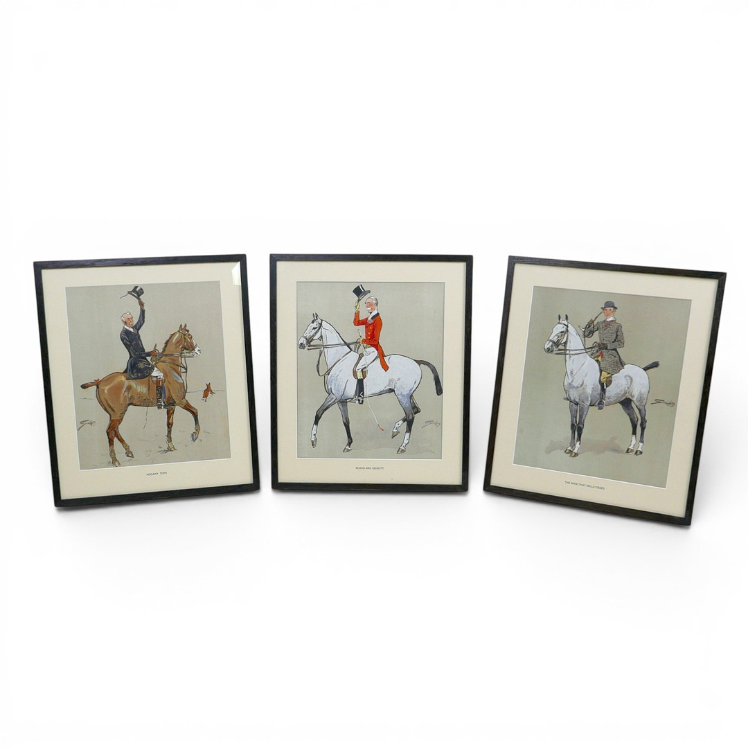 THREE FRAMED SNAFFLES EQUESTRIAN PRINTS.