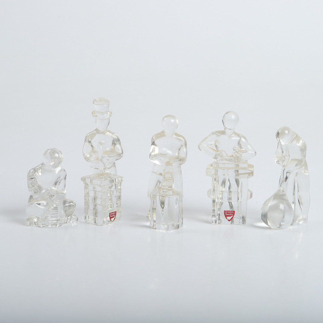 OLLE ALBERIUS. Figuriner, 5 stycken, "Skråyrken", glas, Orrefors.