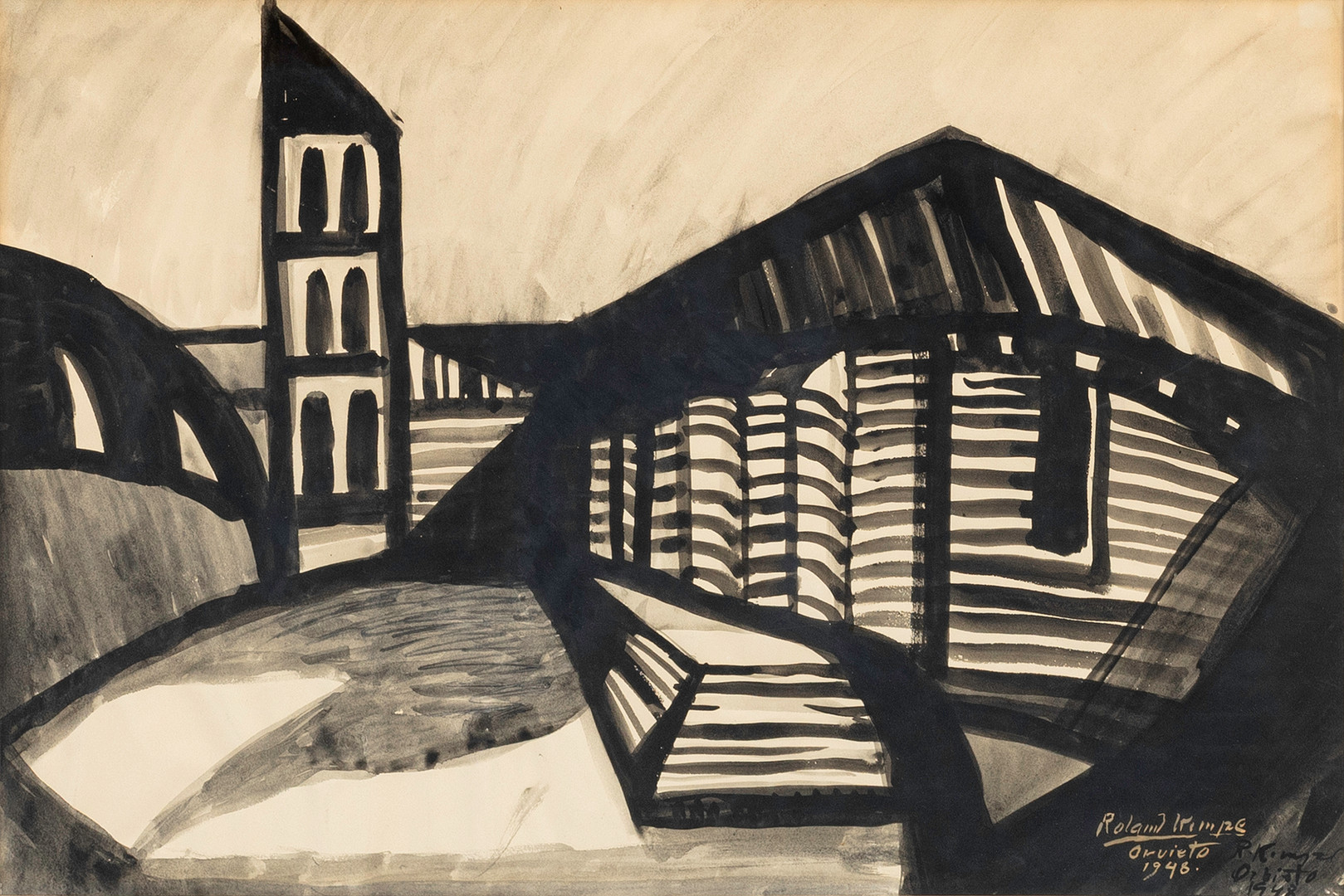 ROLAND KEMPE. Stadsbild med kyrka, gouache, signerad och daterad, Orvieto, 1946.
