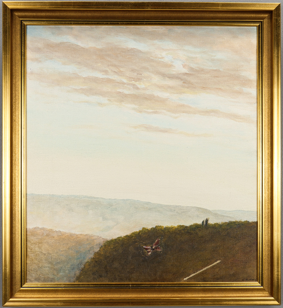 HARRY MOBERG. "Landskap med fjäril", olja på duk, signerad.