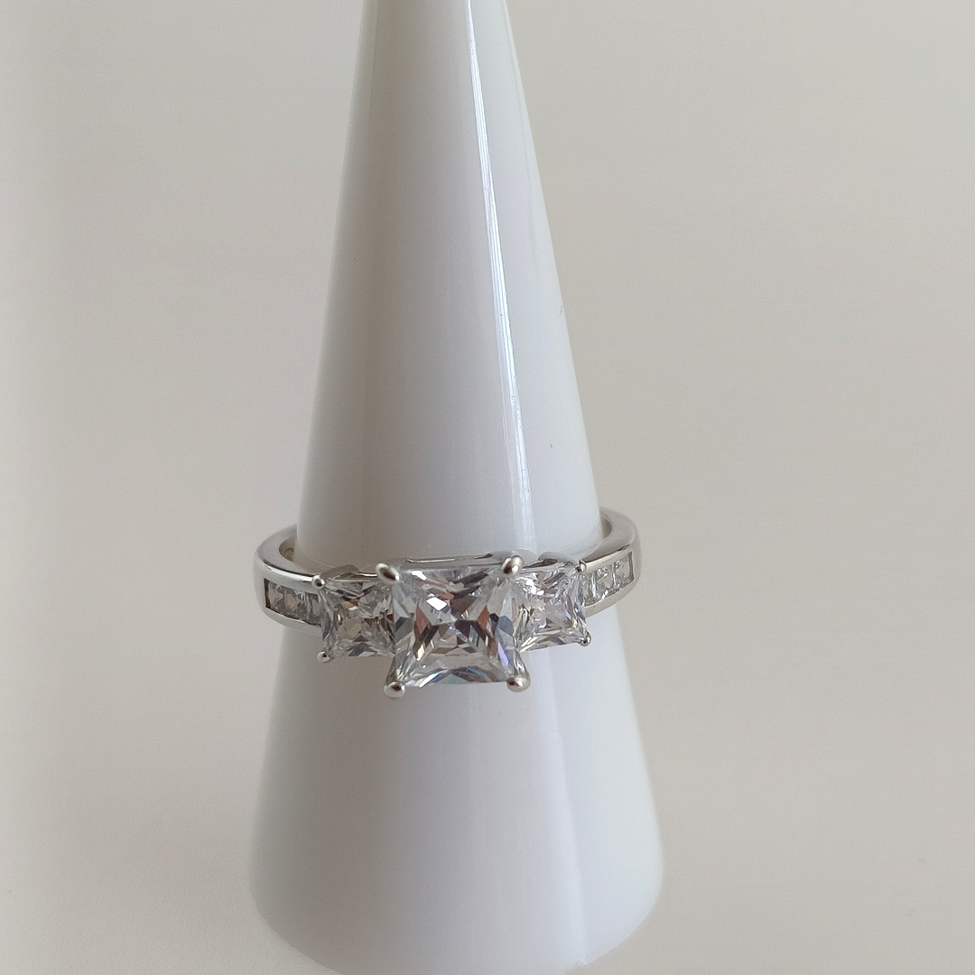 Princess Cut Silber Ring, 925, 3-Stone.