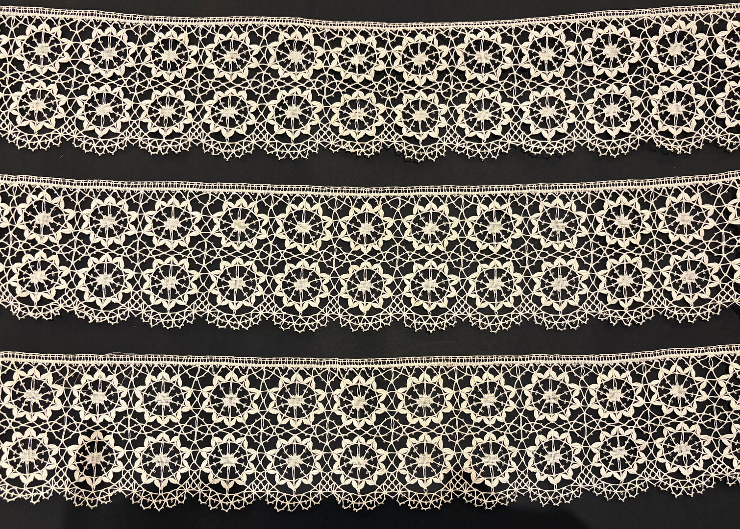 Three strips of bobbin lace border, 18th-19th Century.