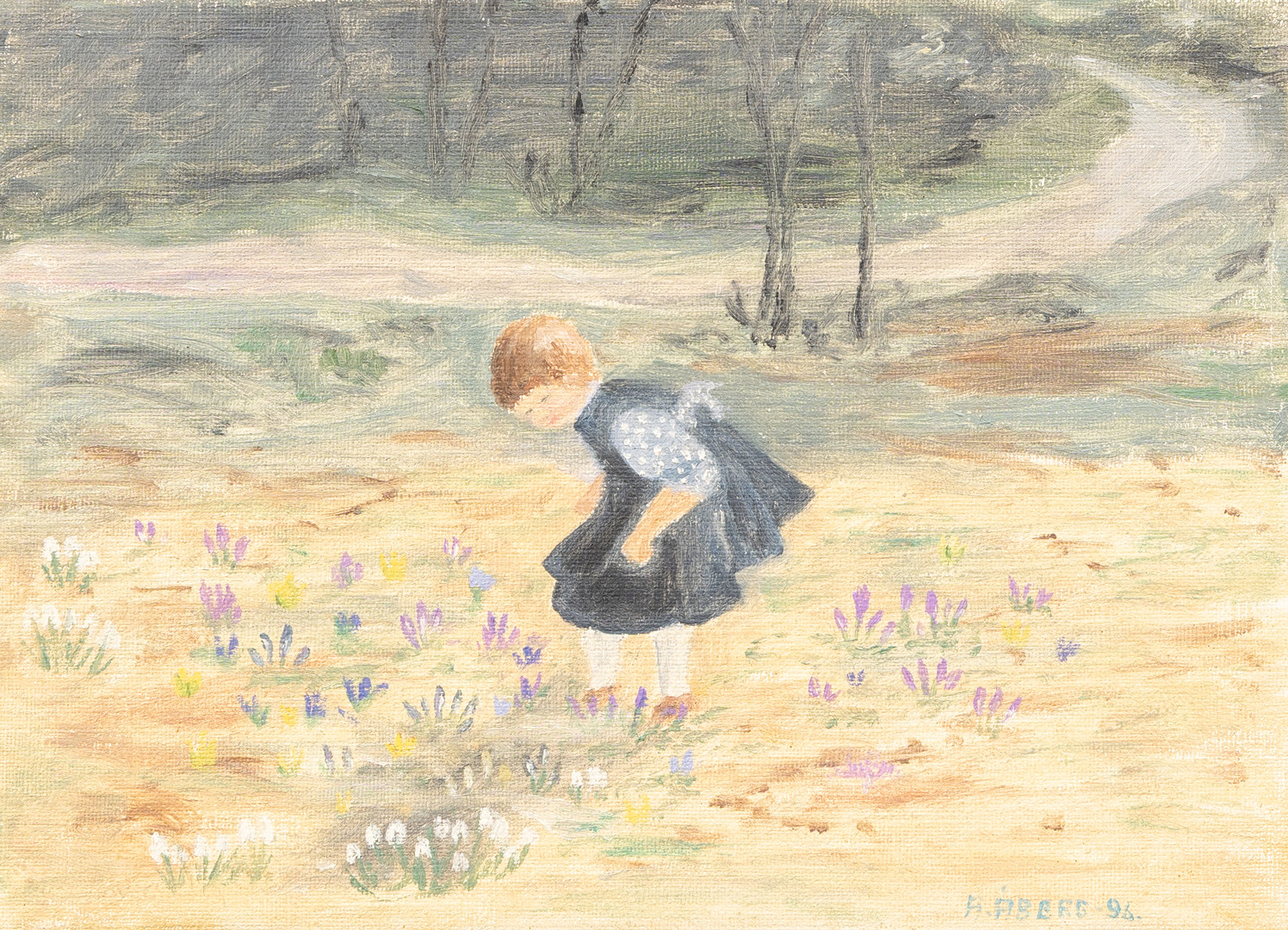ANNA ÅBERG. "Flicka och vårblommor, olja på duk, signerad och daterad -96.