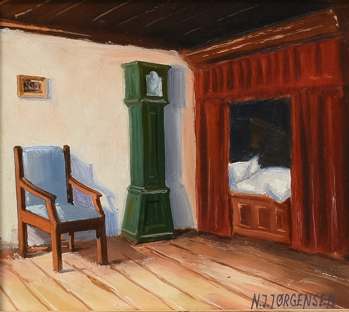 UKENDT KUNSTNER. Interior. Olie på plade. Signeret NJ Jørgensen.