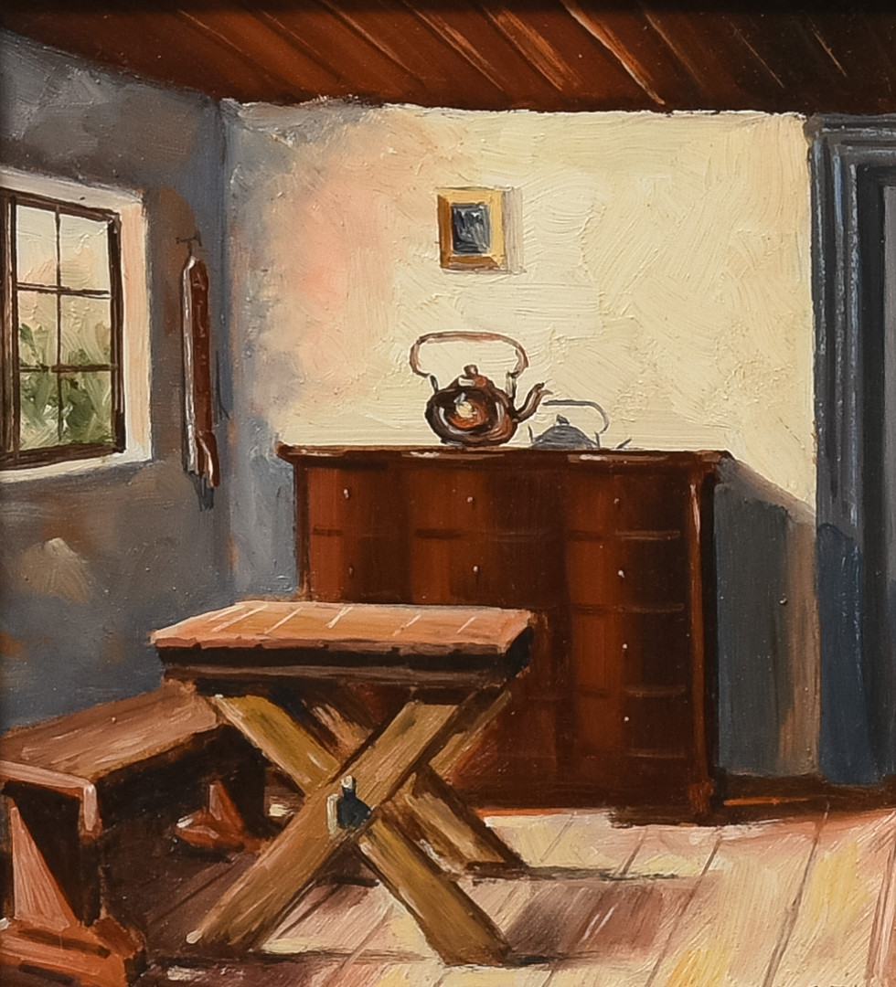UKENDT KUNSTNER. Interior. Olie på plade. Signeret NJ Jørgensen. Danmark.