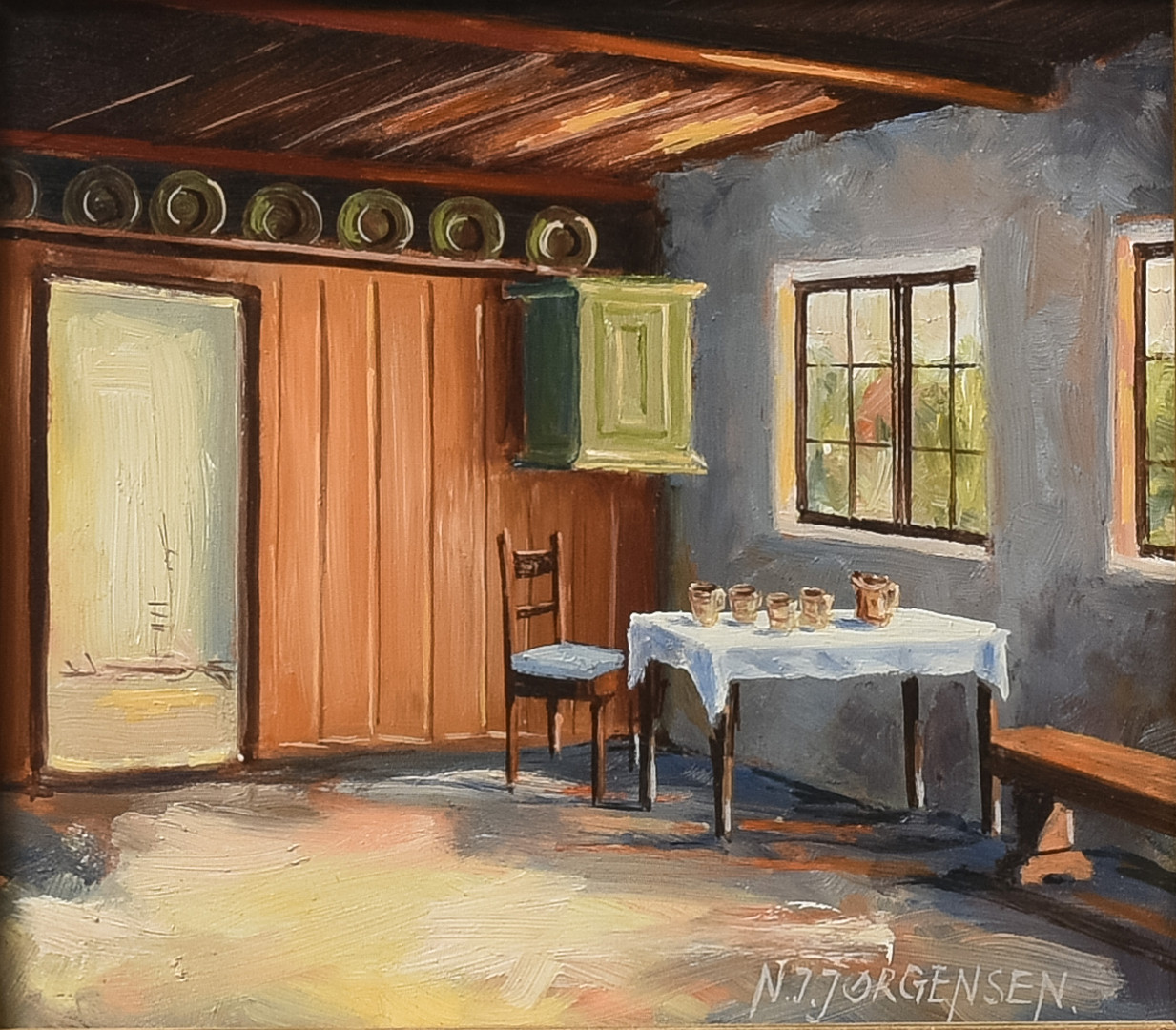 UKENDT KUNSTNER. Interior. Olie på plade. Signeret NJ Jørgensen. Danmark.