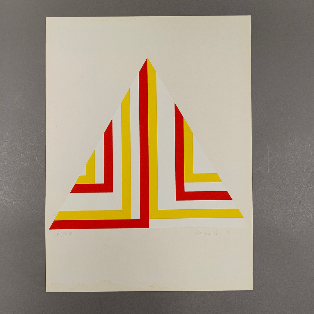 STEINMANN, KLAUS. Dreieckskomposition in Gelb, Weiß und Rot, 1971, Farbserigraphie auf Papier.