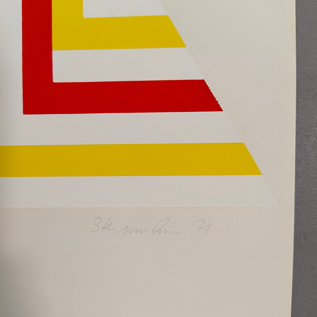 STEINMANN, KLAUS. Dreieckskomposition in Gelb, Weiß und Rot, 1971, Farbserigraphie auf Papier.