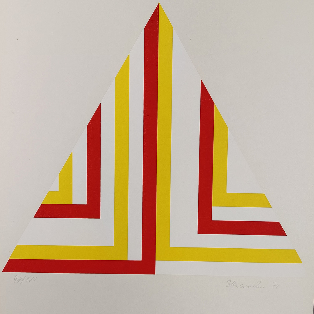 STEINMANN, KLAUS. Dreieckskomposition in Gelb, Weiß und Rot, 1971, Farbserigraphie auf Papier.