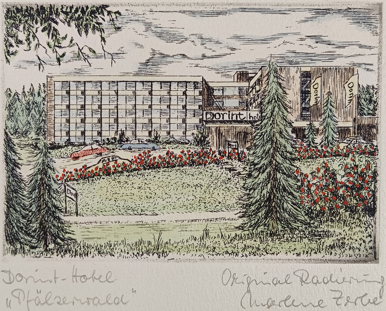 ZERBE, MARLENE. "Dorint-Hotel 'Pfälzerwald'", Radierung auf Papier.