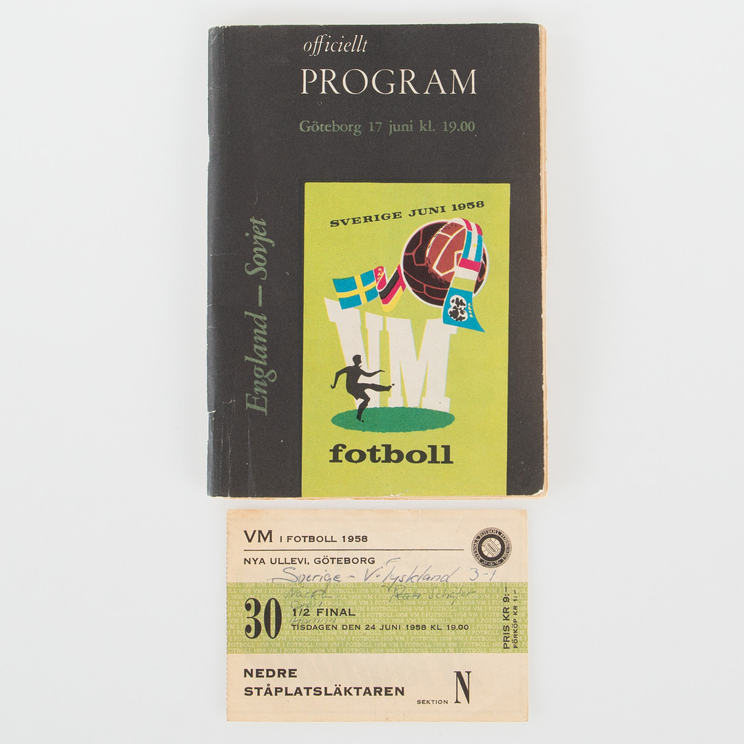 VM I FOTBOLL SVERIGE 1958 VM BILJETT, SEMIFINAL SVERIGE VÄSTTYSKLAND 1958 SAMT PROGRAM ENGLAND SOVJET PLAYOFF-MATCH DEN 17 JUNI.