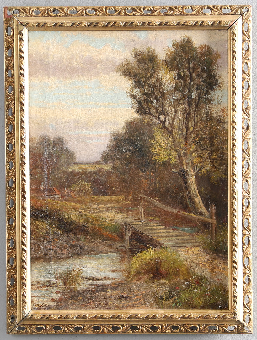 ABRAHAM HULK JUNIOR (1844-1922). VILLAGE SCENE WITH A RIVER IN THE FOREGROUND.