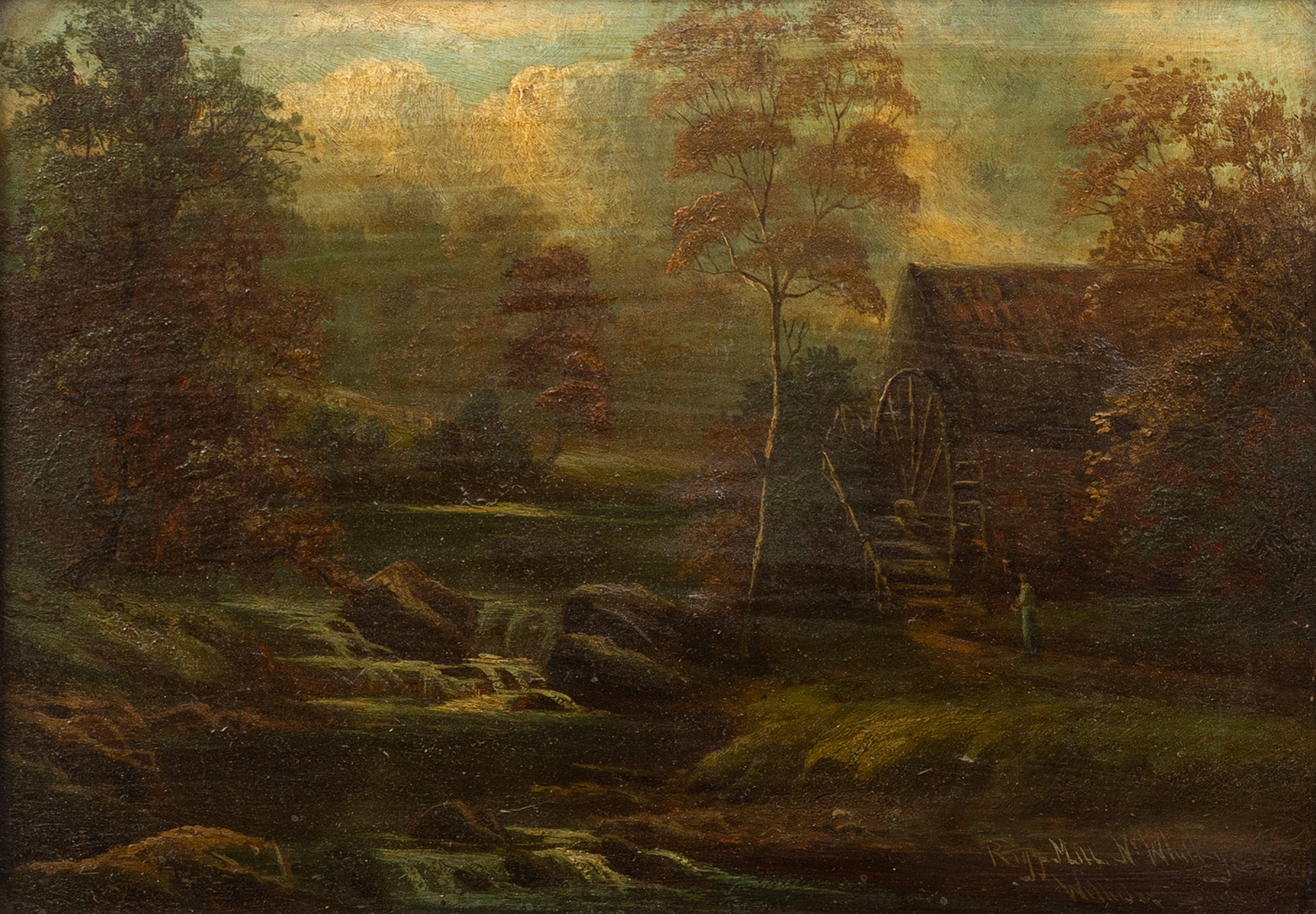 OIDENTIFIERAD KONSTNÄR (ENGLAND). Vattenkvarn i landskap, 1800-tal, England, olja på duk, otydligt signerad.