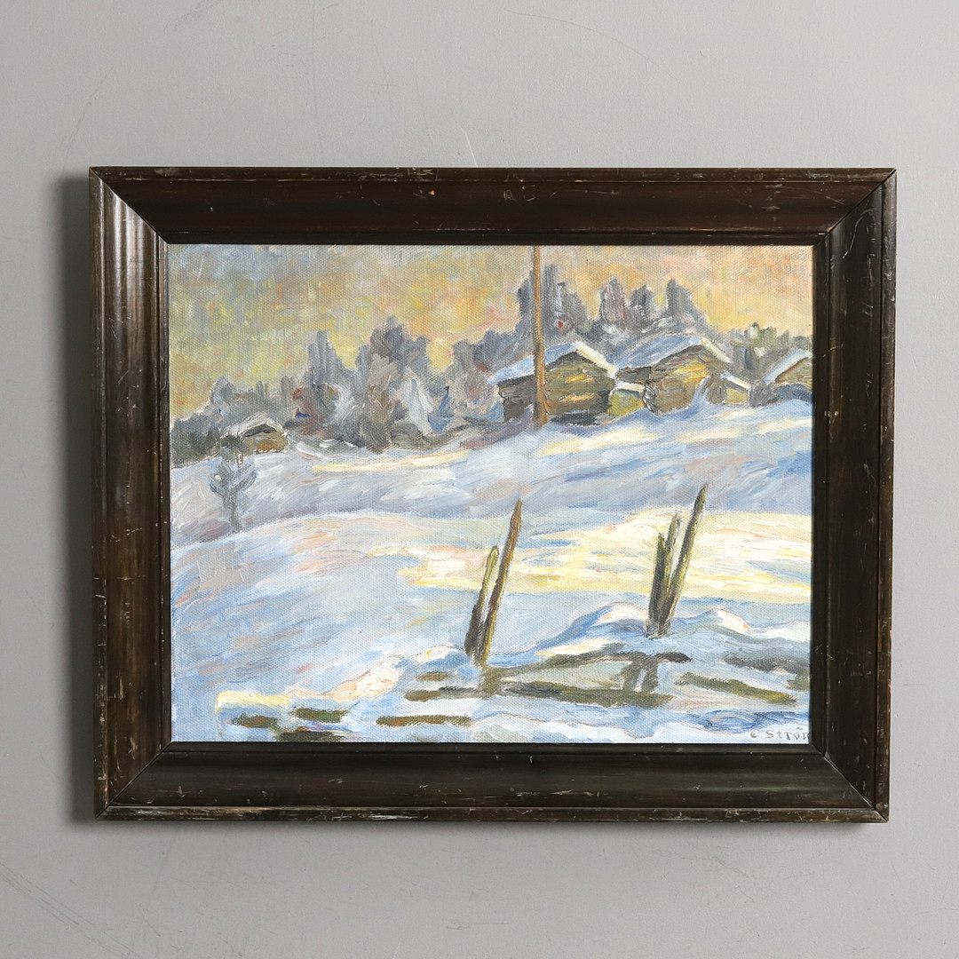 OIDENTIFIERAD KONSTNÄR. Olja på duk, "Fäbod vid Eldforsen Dalarna", signerad E. Ström.