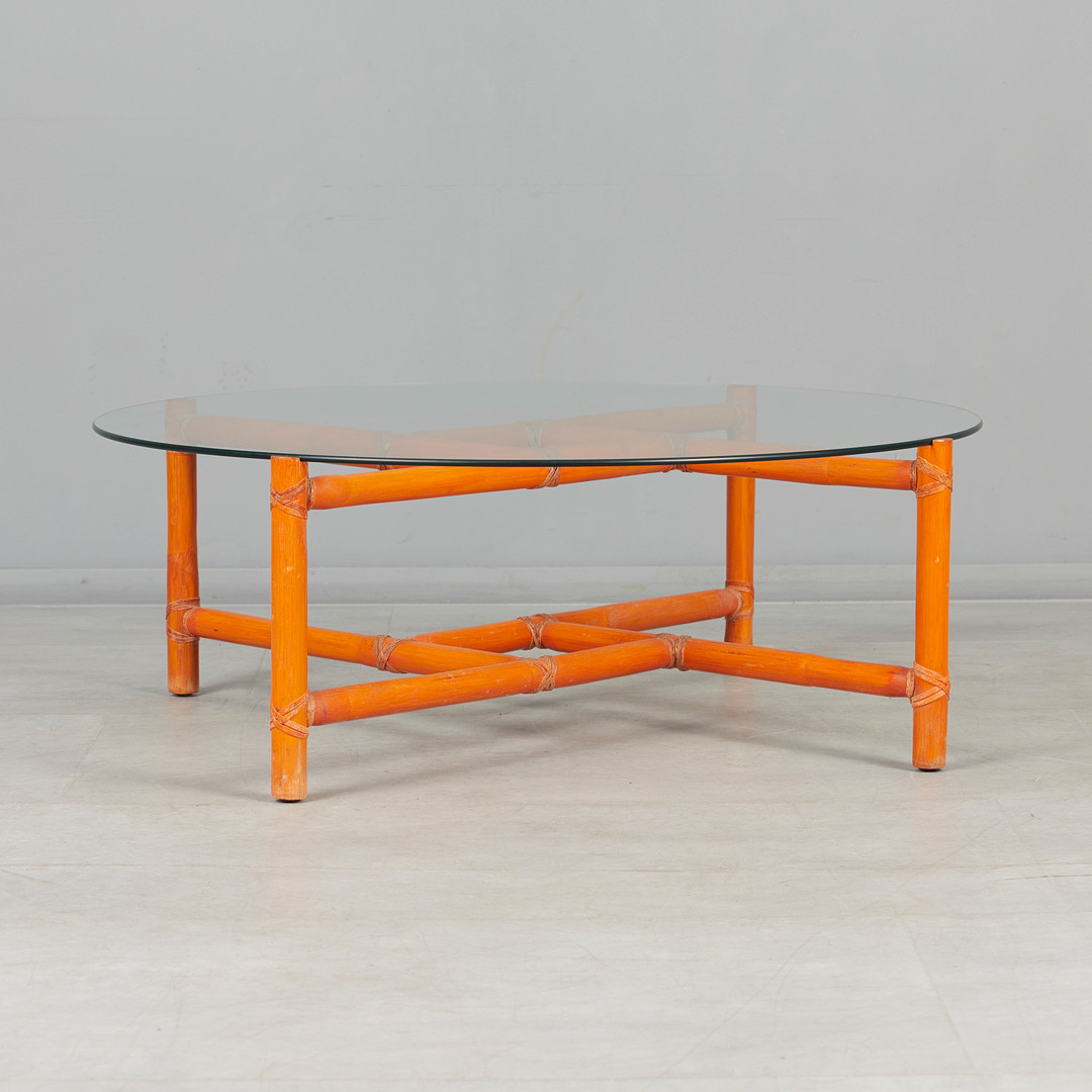 LYDA LEVI. McGuire, Couchtisch, Rattan, Glas, 1980er Jahre, USA.