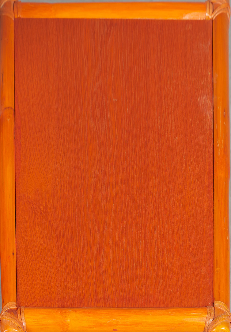LYDA LEVI. McGuire, Zweisitzer Sofa und Ottomane, Rattan, Textil, Leder, 1980er Jahre, USA. (2).