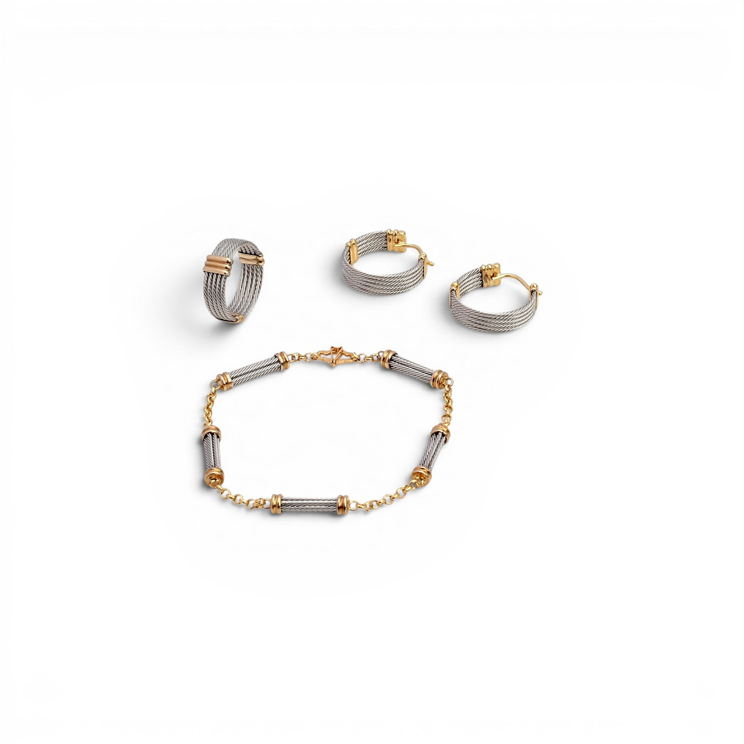 Ring, earrings and bracelet set in gold and stainless steel.