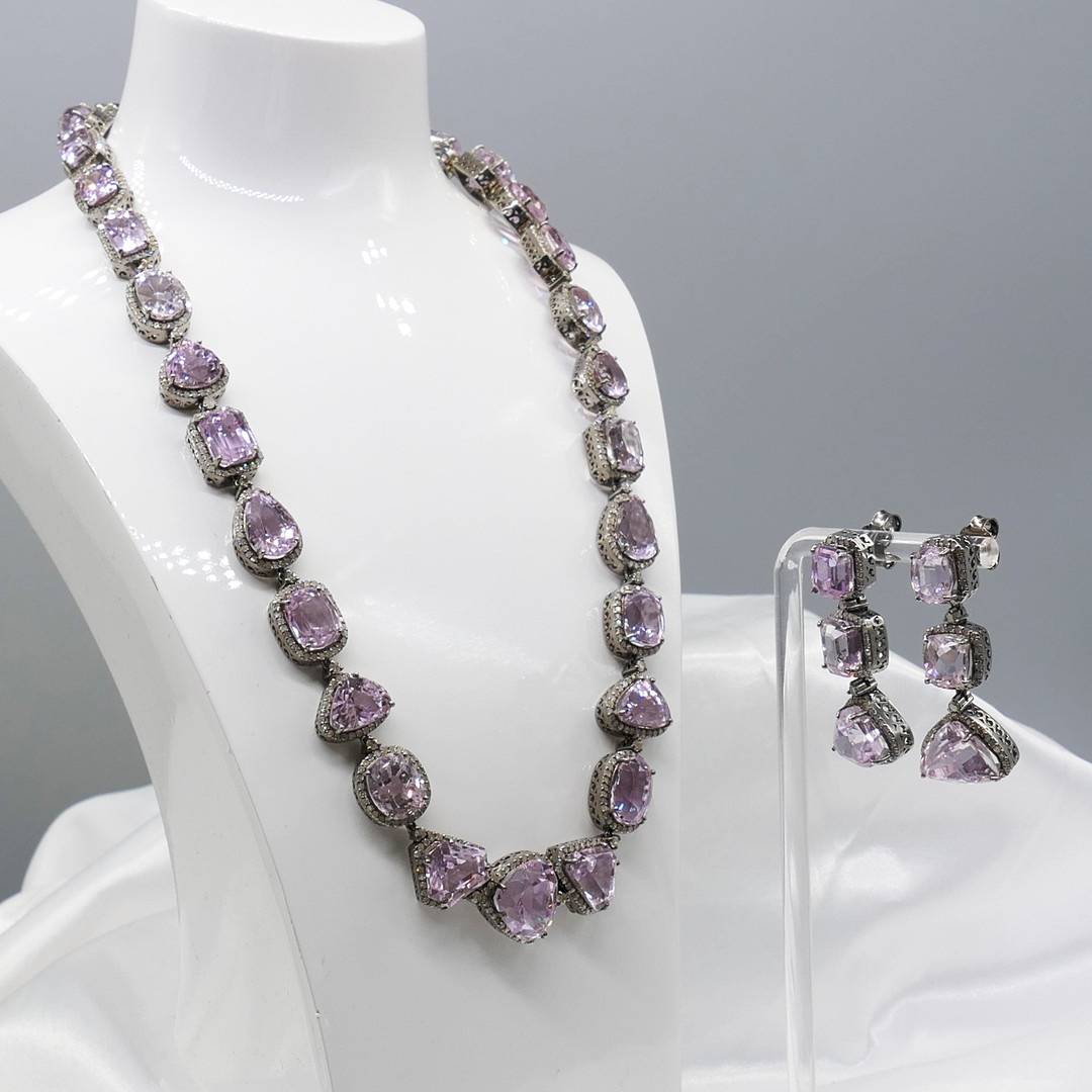 KUNZITE & DIAMOND matching necklace & earrings.