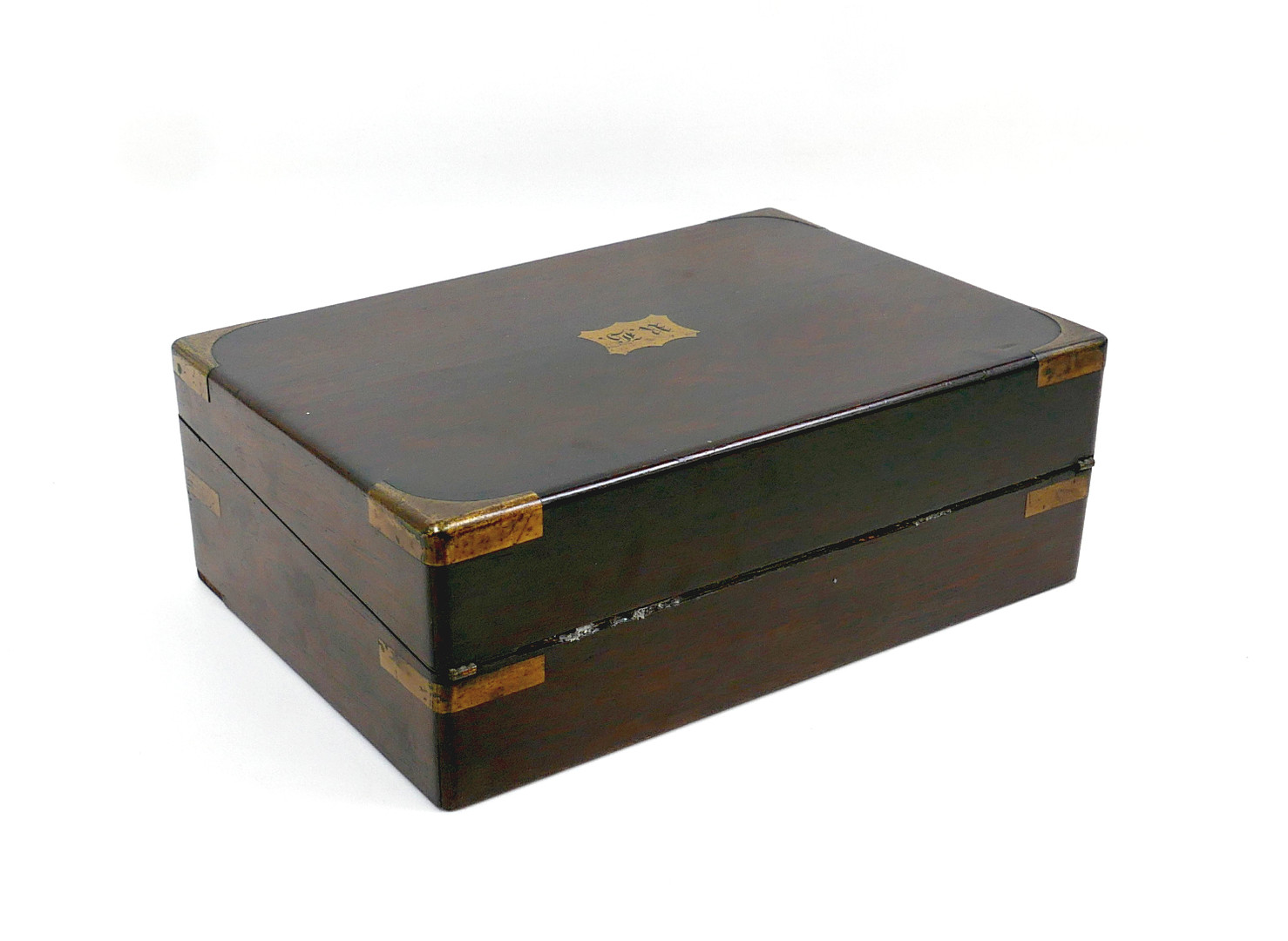 A 19TH CENTURY ROSEWOOD WRITING SLOPE WITH BRASS CORNERS.