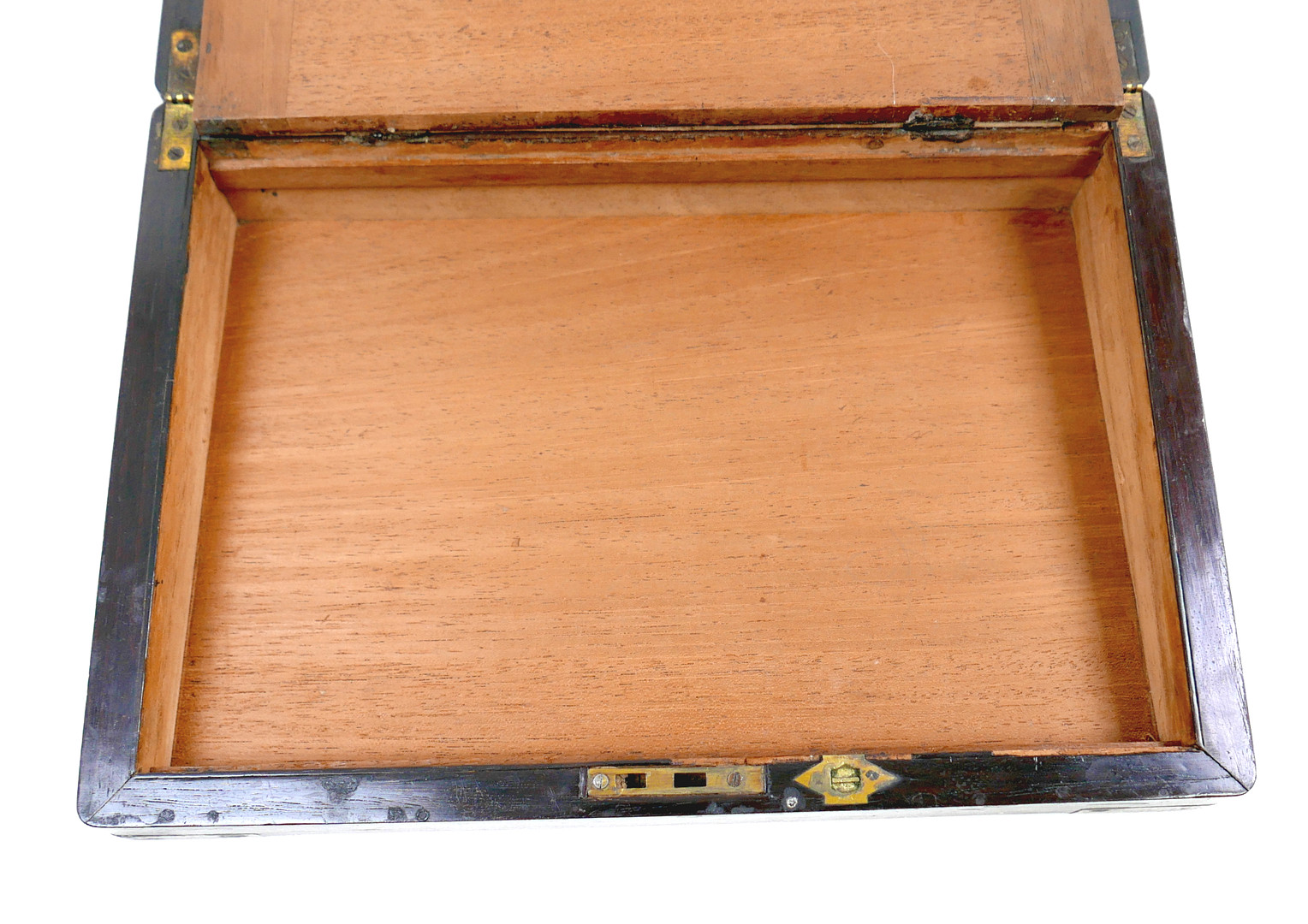 A 19TH CENTURY ROSEWOOD WRITING SLOPE WITH BRASS CORNERS.