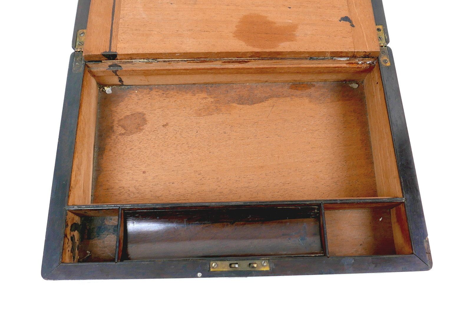 A 19TH CENTURY ROSEWOOD WRITING SLOPE WITH BRASS CORNERS.