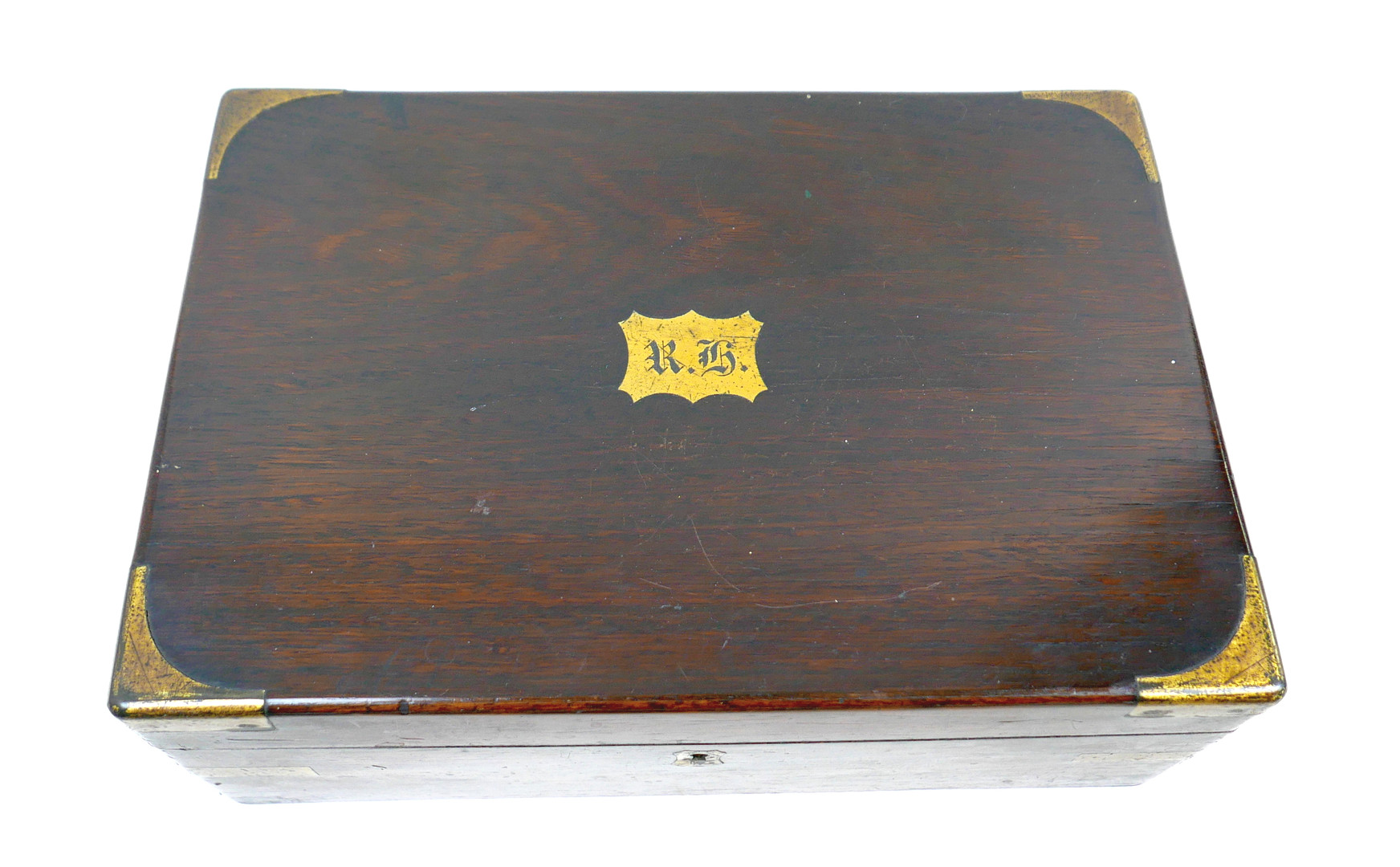 A 19TH CENTURY ROSEWOOD WRITING SLOPE WITH BRASS CORNERS.