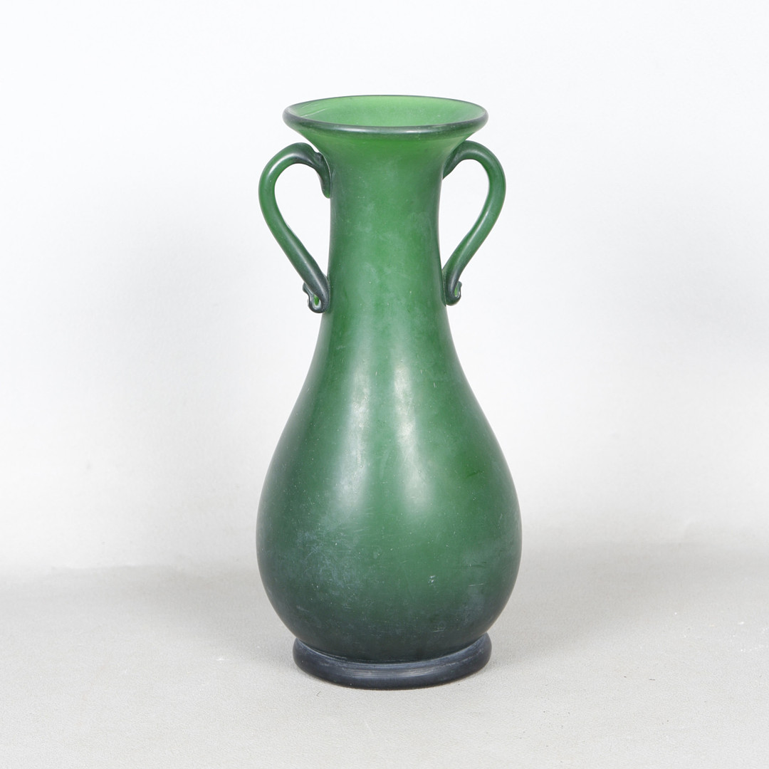 A BOHEMIAN ART NOUVEAU SATIN GREEN GLASS VASE.
