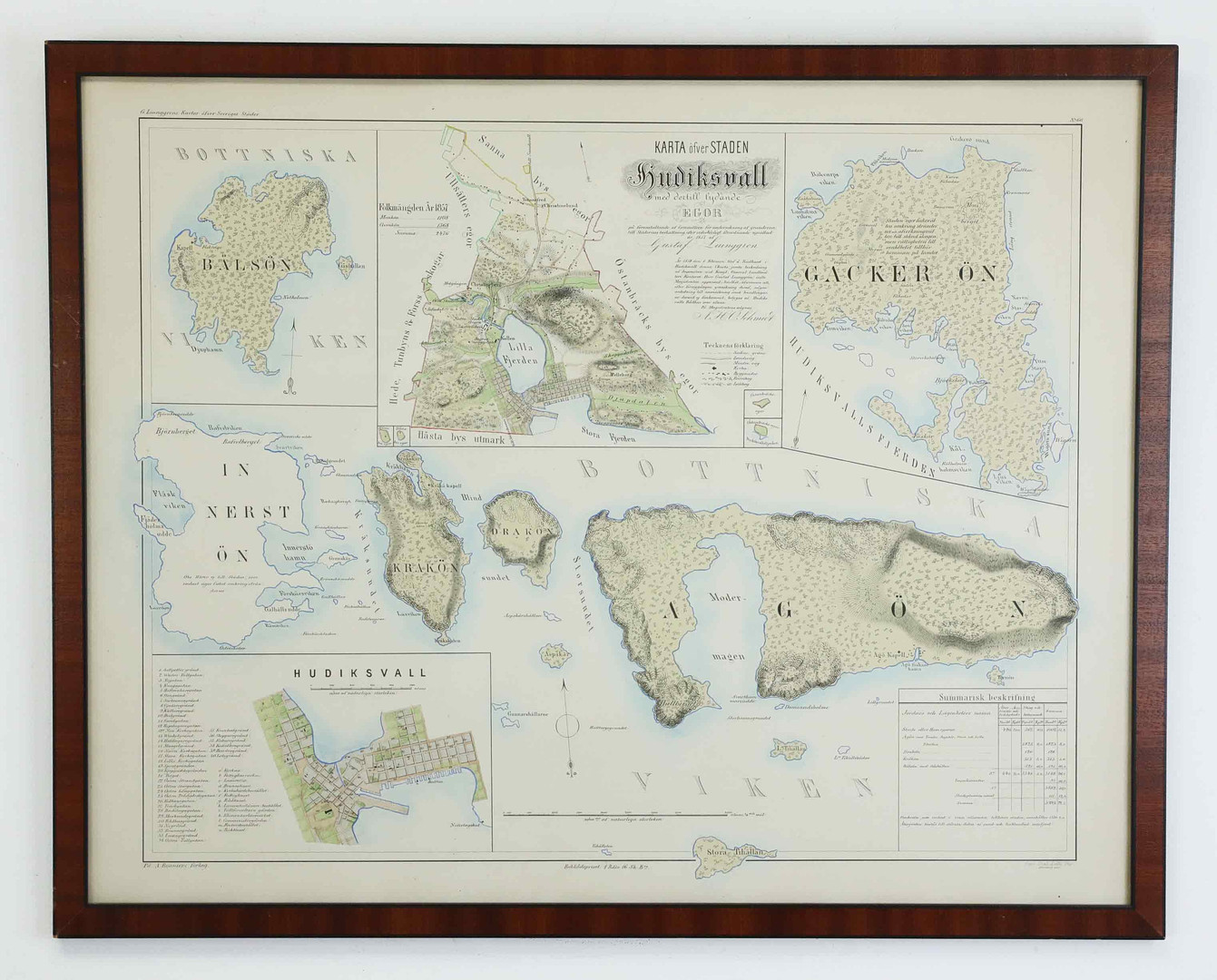 KARTA, Öfver staden Hudiksvall med dertill lydande Egor 1857, efter kartografen Erik Gustaf Ljunggren.