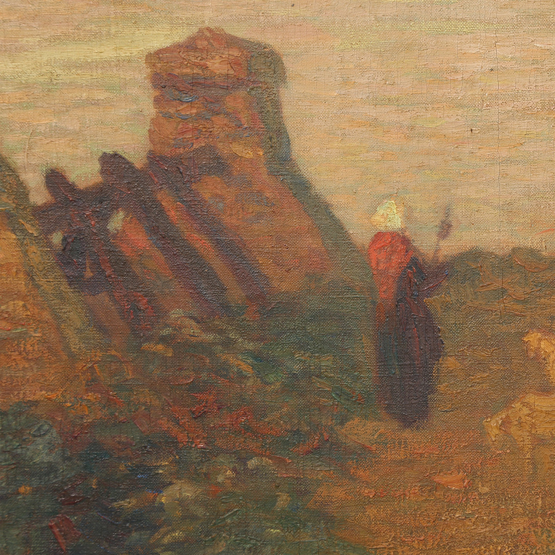ALBERT MATIGNON (1869-1937). Kystparti med hyrdinde og sejlbåde, olie på lærred, 1900-tallets begyndelse.