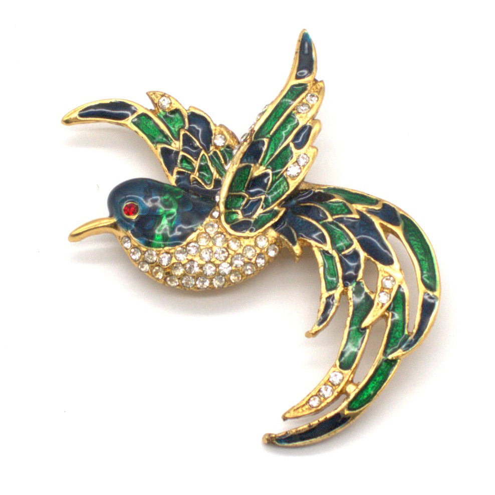 VINTAGE QUETZAL BROSCHE IN STRASSSTEINEN UND EMAILLIE GEARBEITET.