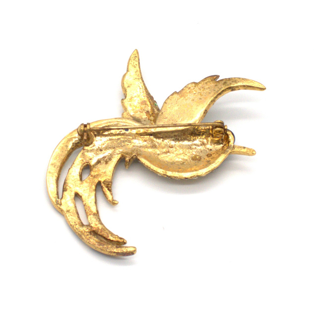 VINTAGE QUETZAL BROSCHE IN STRASSSTEINEN UND EMAILLIE GEARBEITET.