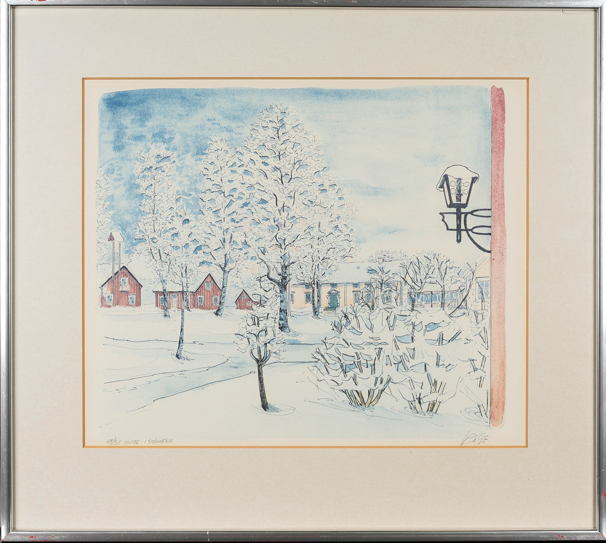 KARL GERHARD "KÅGE" STENLUND. Färglitografi, "Vinter i Strömbäck" signerad, numrerad 48/360.