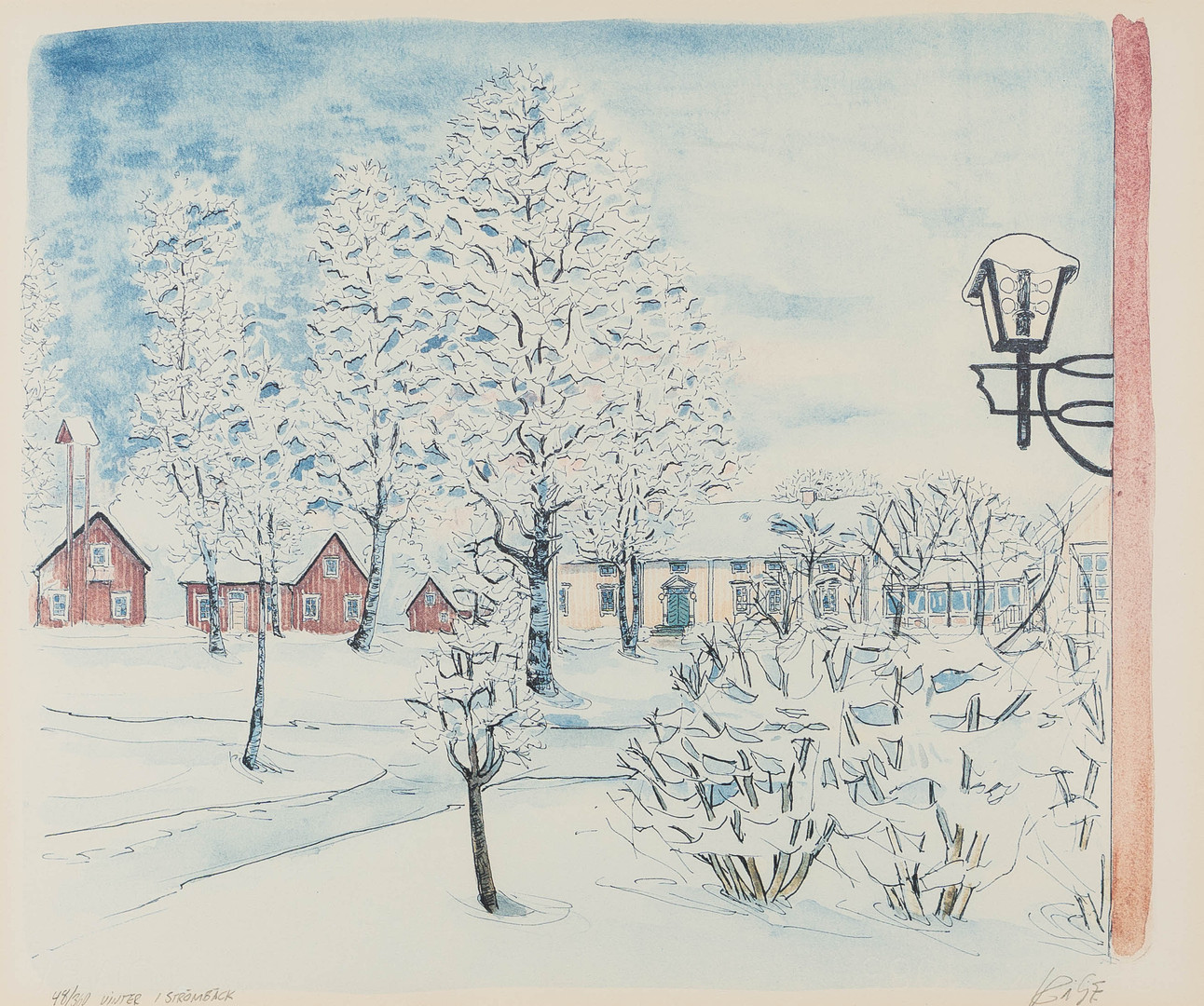 KARL GERHARD "KÅGE" STENLUND. Färglitografi, "Vinter i Strömbäck" signerad, numrerad 48/360.