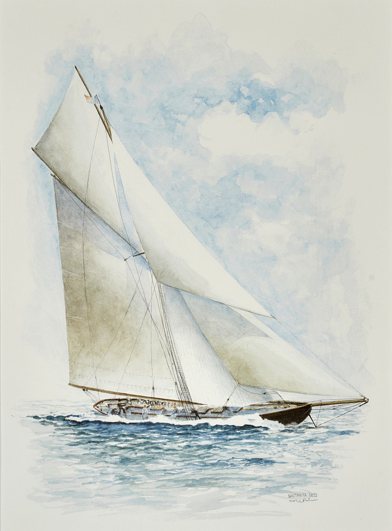 TORE PALM. (2 st), Segelfartyg "Reliance" (1903) samt "Santanita" (1893), signerade, färgreproduktioner.