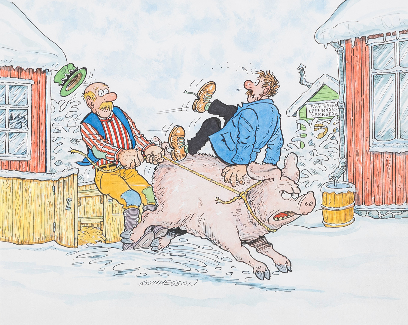 GÖSTA GUMMESSON. Komposition, akvarell, förlaga till serietidning Åsa Nisse, signerad.