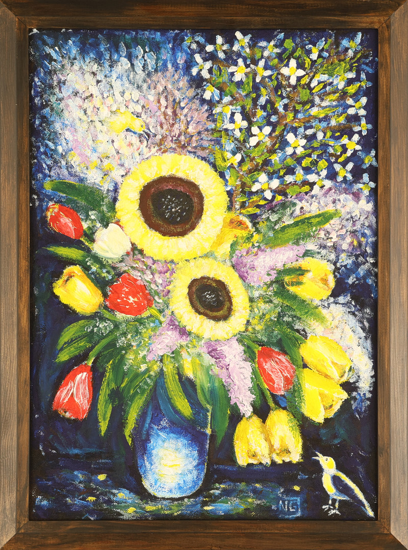 NILS GÖRAN JOHANSSON. Akrylmålning, på pannå, "Blommor".