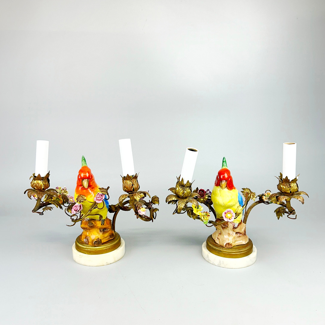 FRENCH BRASS & PORCELAIN TABLE LAMPS.