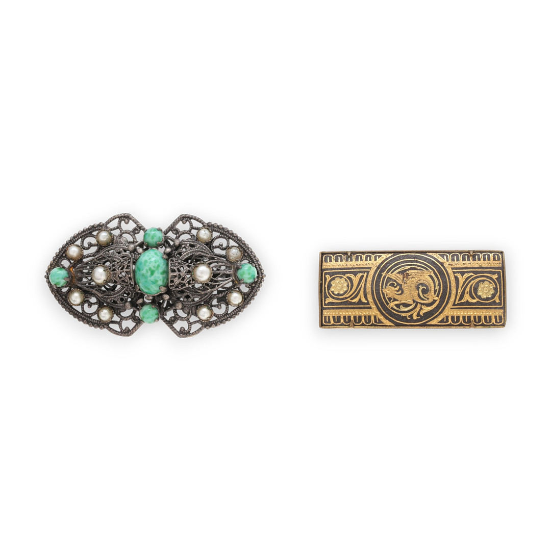 Two brooches in silver and over-gilded metal, 20th Century.
