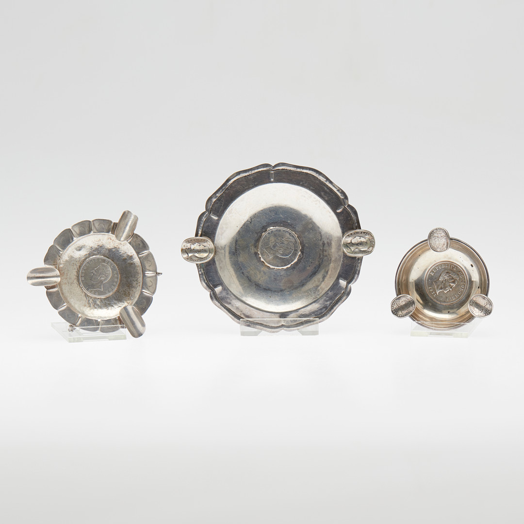 Set Münz-Aschenbecher, 900er Silber / Silber, 1. Hälfte 20. Jahrhundert, Ecuador. (3).