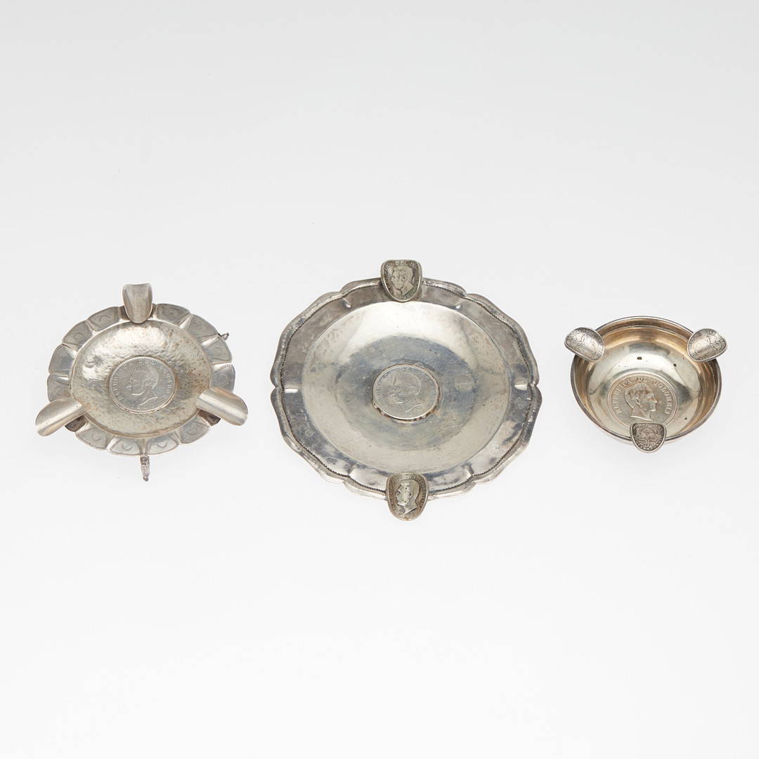 Set Münz-Aschenbecher, 900er Silber / Silber, 1. Hälfte 20. Jahrhundert, Ecuador. (3).