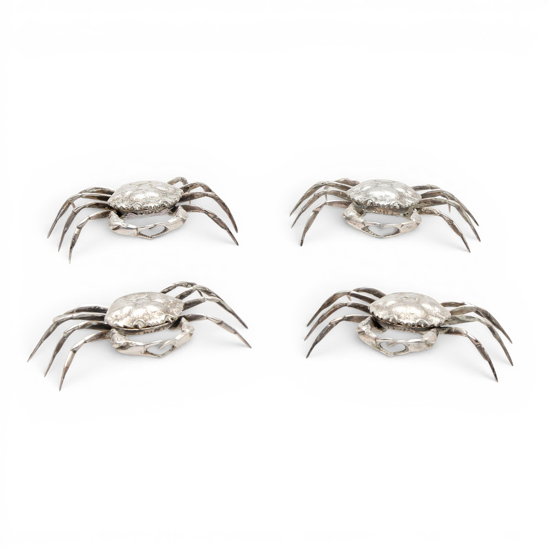 Set of four crab-shaped salt cellars in silver, 20th Century.