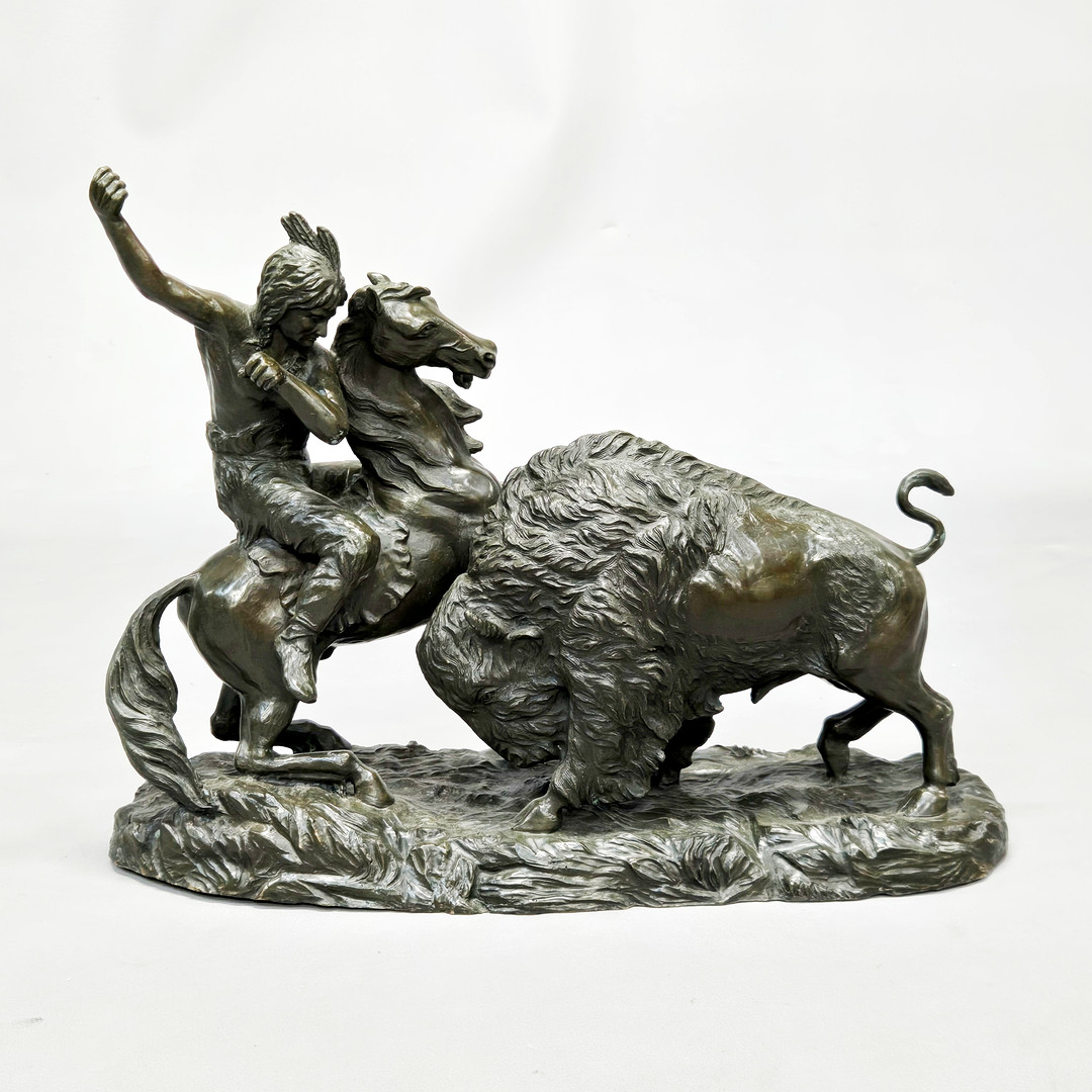 BRONZE NATIVE AMERICAN HUNTING SCENE.