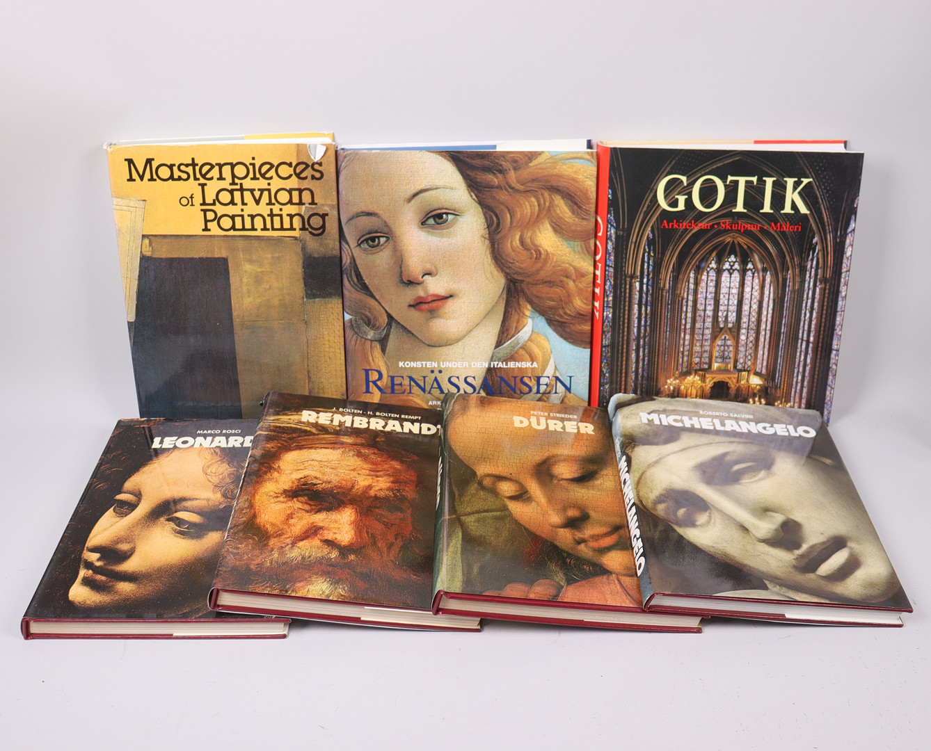 KONSTBÖCKER, Leonardo, Rembrandt, Durer, Michelangelo, Gotik, Renässansen och Masterpieces of Latvian Painting, 7 st.