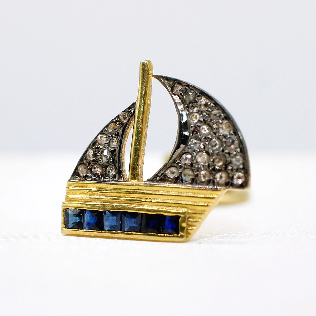 SAPPHIRE & DIAMOND SAIL BOAT PIN.