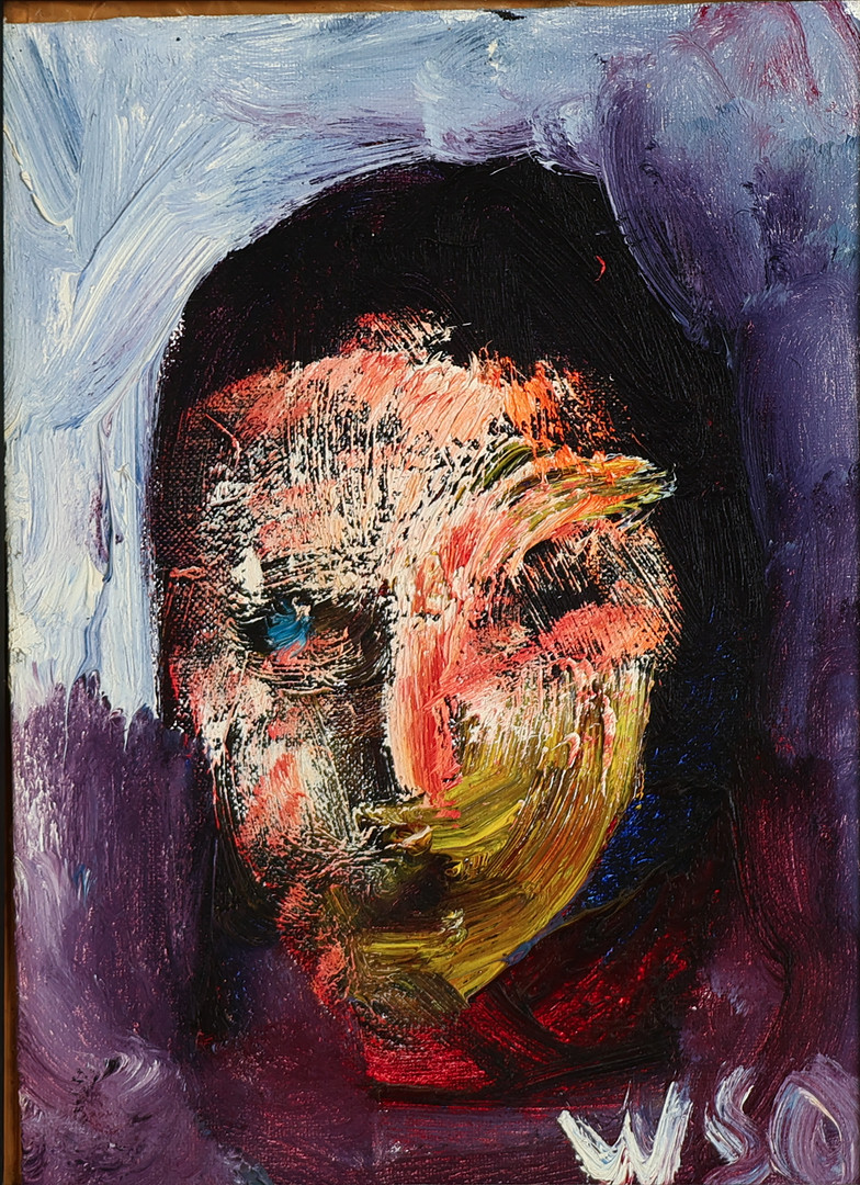 WILLIAM SKOTTE OLSEN (1945-2005). Komposition med ansigt, olie på plade, signeret.