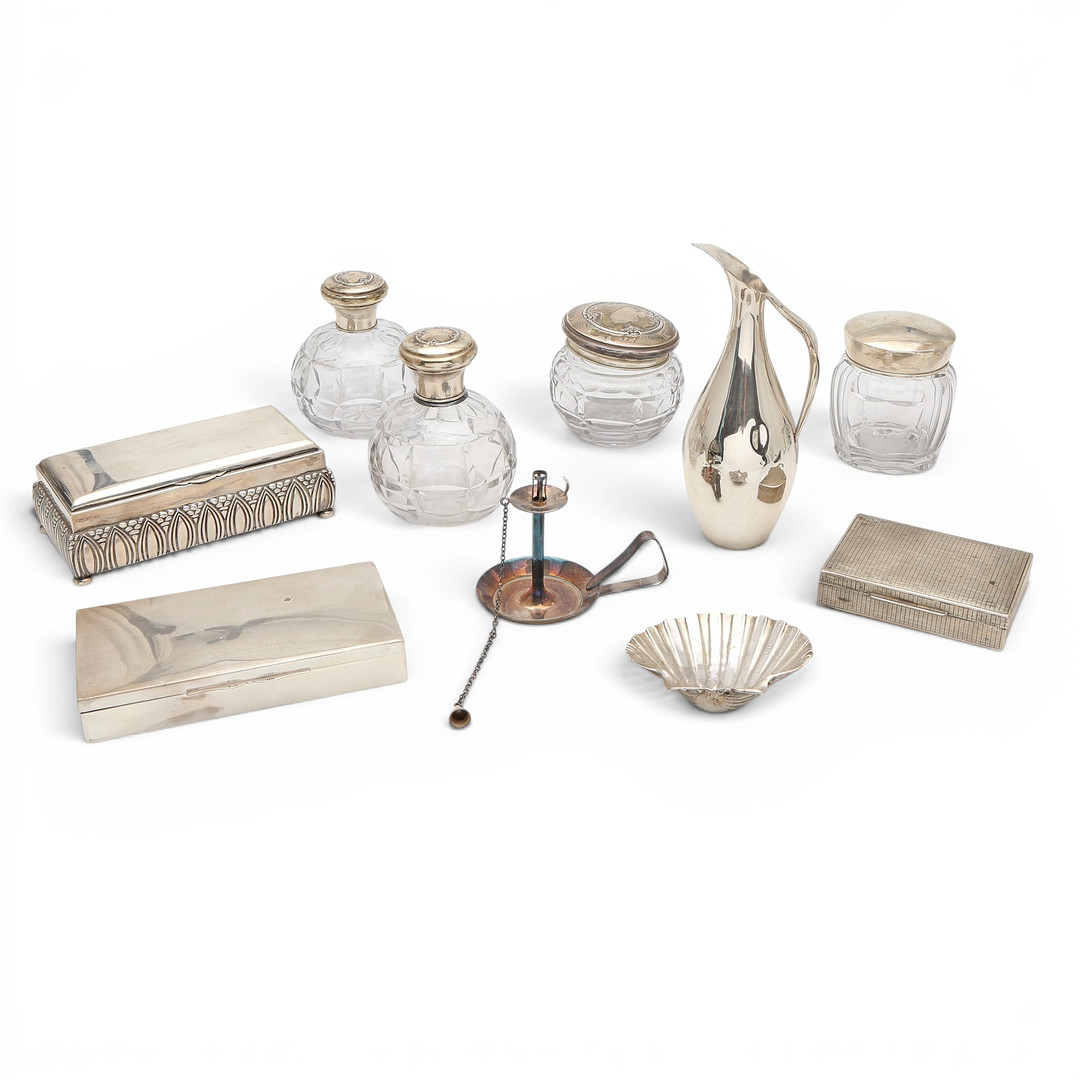 Various silver boxes and vanity items, 20th Century.