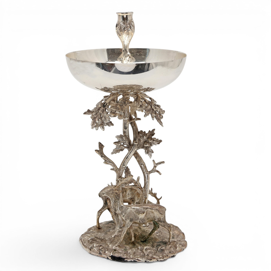 Large silvery metal candlestick, 20th Century.
