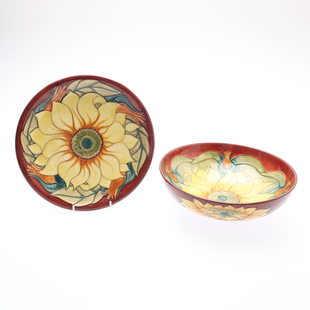 MOORCROFT INCA SUNFLOWER PATTERN BOWL AND PLATE. (2).