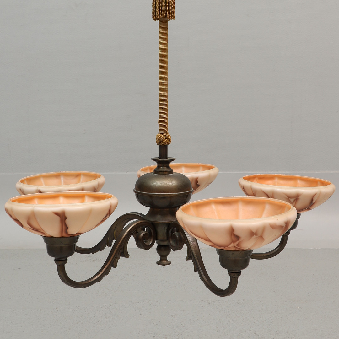 TAKLAMPA, mässing och glas, 1930-/1940-tal.